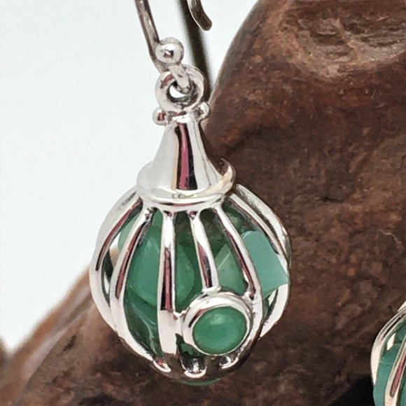 Unique 925 Silver Caged Green Onyx Button & Base, Earrings 1.5" Dangle Hook - Picture 5 of 9